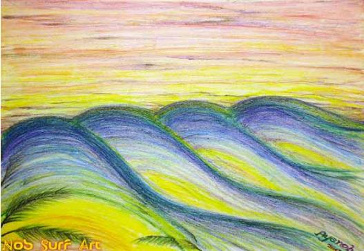 「海の波とサンセット(Ocean waves and sunset)」2004年/Nobuyuki Oshima(大嶋信之)&Ayano-色鉛筆の絵画イラストアート