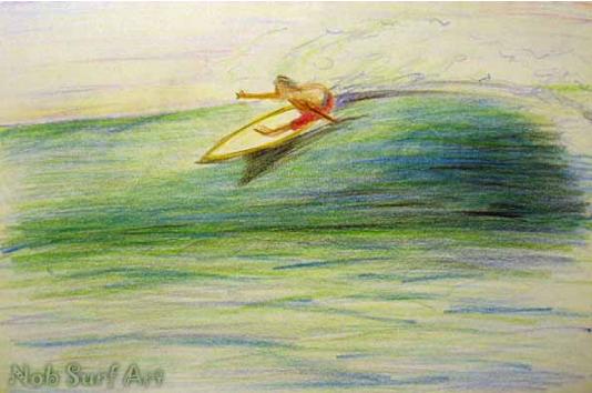 「トップターンをきめるサーファー(A surfer making a top turn)」2006年/Nobuyuki Oshima(大嶋信之)-色鉛筆の絵画イラストアート