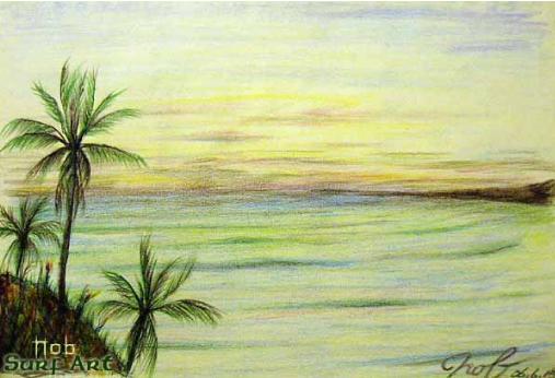「海とヤシの木(Sea and palm trees)」2006年/Nobuyuki Oshima(大嶋信之)-色鉛筆の絵画イラストアート