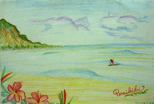 「ハワイ・ワイキキでサーフィン(Surfing in Waikiki, Hawaii)」2006年/Nobuyuki Oshima(大嶋信之)-色鉛筆の絵画イラストアート