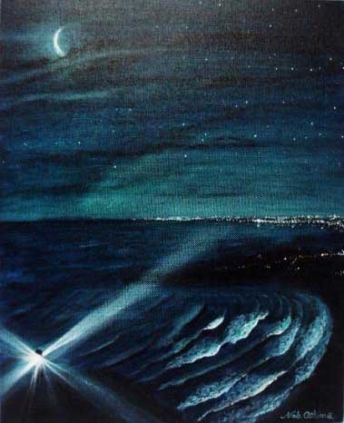 絵画アート「夜の灯台と海」Nobuyuki Oshima（大嶋信之）