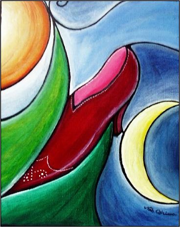 靴の絵画アート「月と太陽と赤いパンプス」Nobuyuki Oshima（大嶋信之）