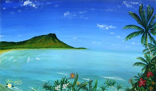 絵画アート「ハワイ・ワイキキ ビーチ」Nobuyuki Oshima（大嶋信之）