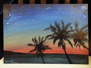 白や黄色の絵具で空に星を描き、黒の絵具を多めに付けて陸地の山を描き、ほぼ黒色で椰子の木をいて完成