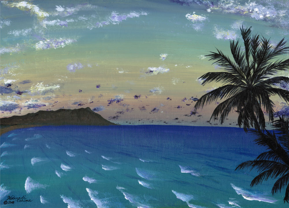 絵画アート「Waikiki Beach(ワイキキビーチ)」2018年制作/Nobuyuki Oshima(大嶋信之)-サンセットの海と波のイラスト