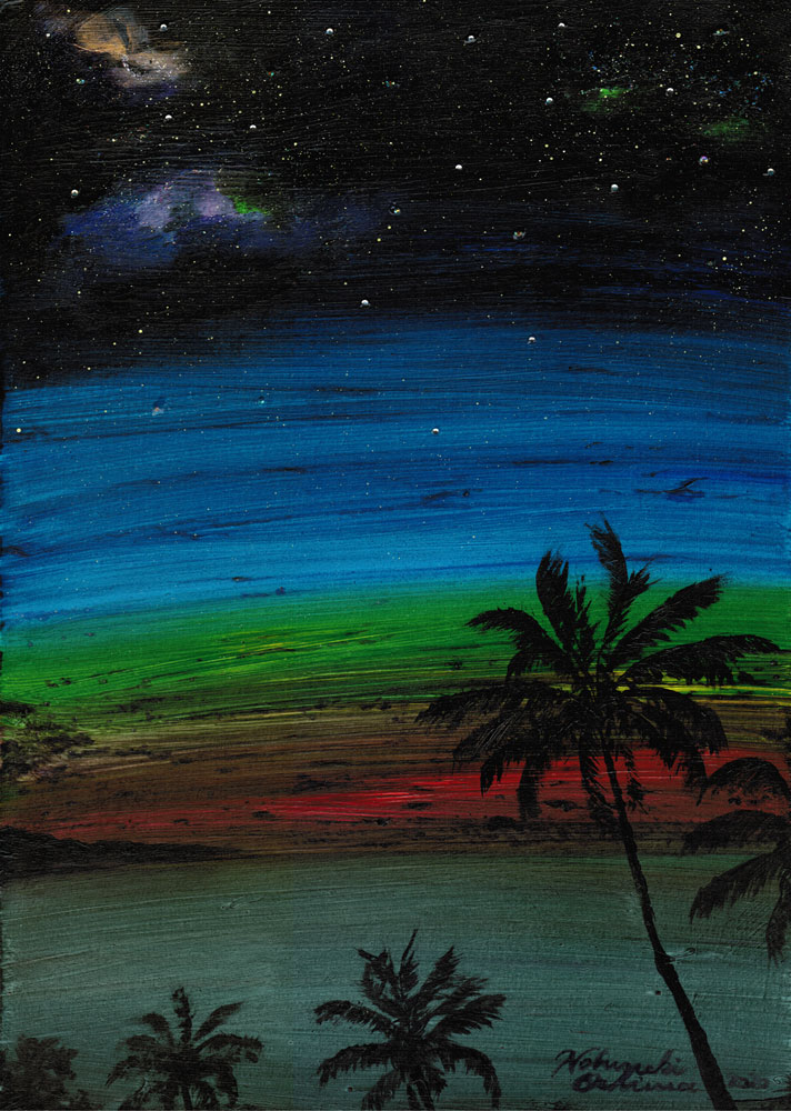 絵画アート「Space with Sunset(宇宙とサンセット)」2020年制作/Nobuyuki Oshima(大嶋信之)-サンセットの海と波のイラスト