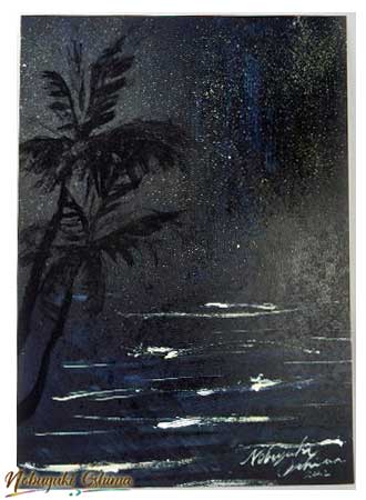 絵画アート「星降る波の夜(Starry Night of Wave)」2022年制作/Nobuyuki Oshima(大嶋信之)-サンセットの海と波のイラスト
