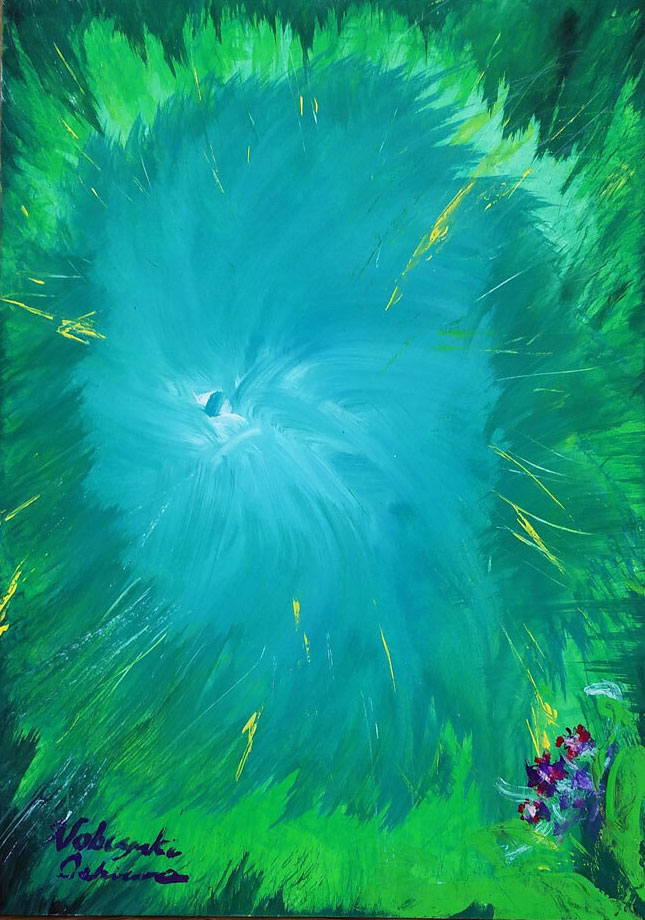 抽象画アート「逆回りの光合成(Reverse photosynthesis)」2021年制作-Nobuyuki Oshima(大嶋信之)