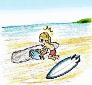 阿字ヶ浦海岸の浜辺で着替え中のサーファーイラスト絵-大嶋信之(Nobuyuki Oshima)