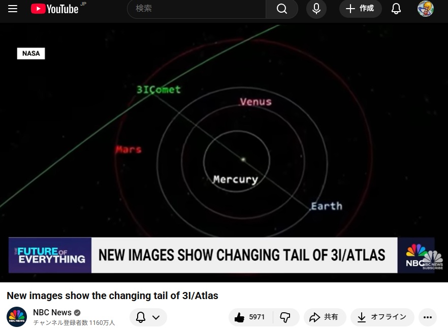 3I/Atrasの軌道面-黄道面と同じ角度/NBC Newsのニュース動画(2025年10月23日)より