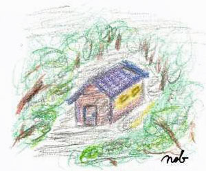 暗がりの中に見つけた家のイラスト絵／『山小屋のお婆さん』（2020年10月23日 大嶋信之著）