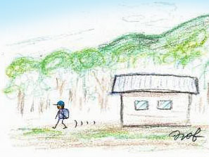 夜が明け明るくなり下山を開始する若者のイラスト絵／『山小屋のお婆さん』（2020年10月23日 大嶋信之著）