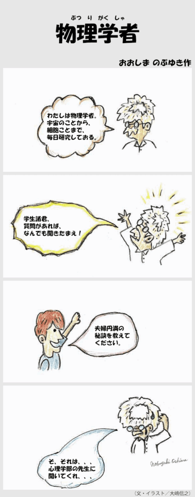 4コマ漫画『物理学者（ぶつりがくしゃ）』（2025年9月18日 大嶋信之作）Four panel comics『Physicist』（Nobuyuki Oshima）