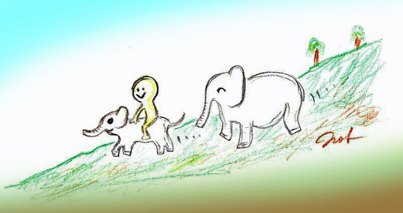 小象の上に乗って山から降りてきたイラスト-私の子供(長男)の胎内記憶