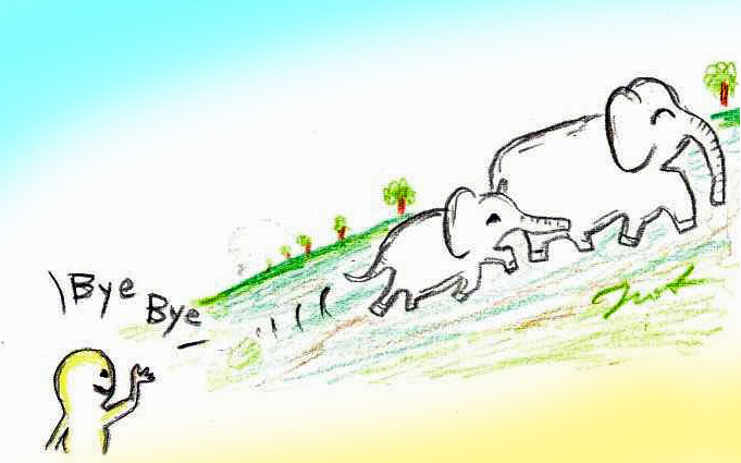 山から降りたところで子象から降りて、象の親子は山へ帰っていったイラスト-私の子供(長男)の胎内記憶