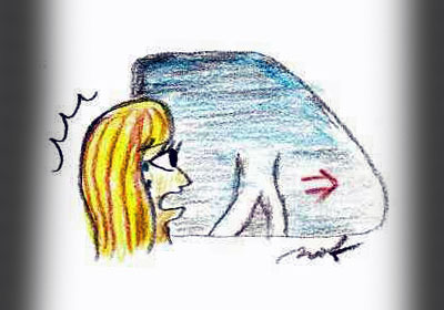 白色で足だけしかない存在が車の横を横切ったイラスト(心霊体験)