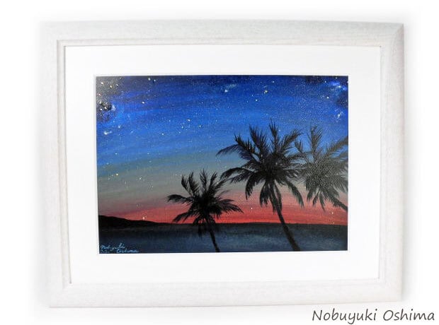 ヤシの木と海の絵画(アクリル画)額装品-大嶋信之
